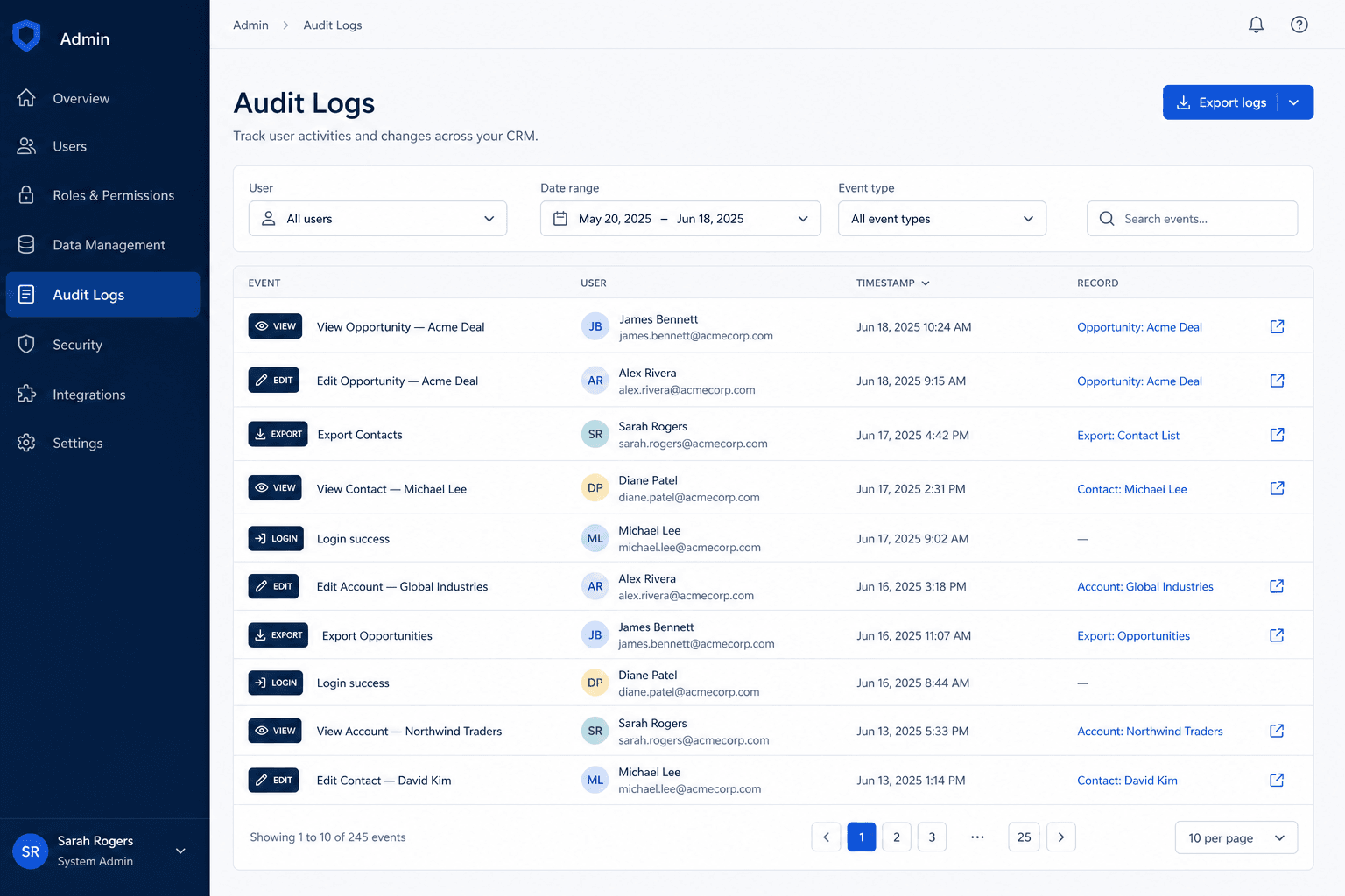 CRM audit log UI showing export, field change, and permission-change events with actor, timestamp, and export action
