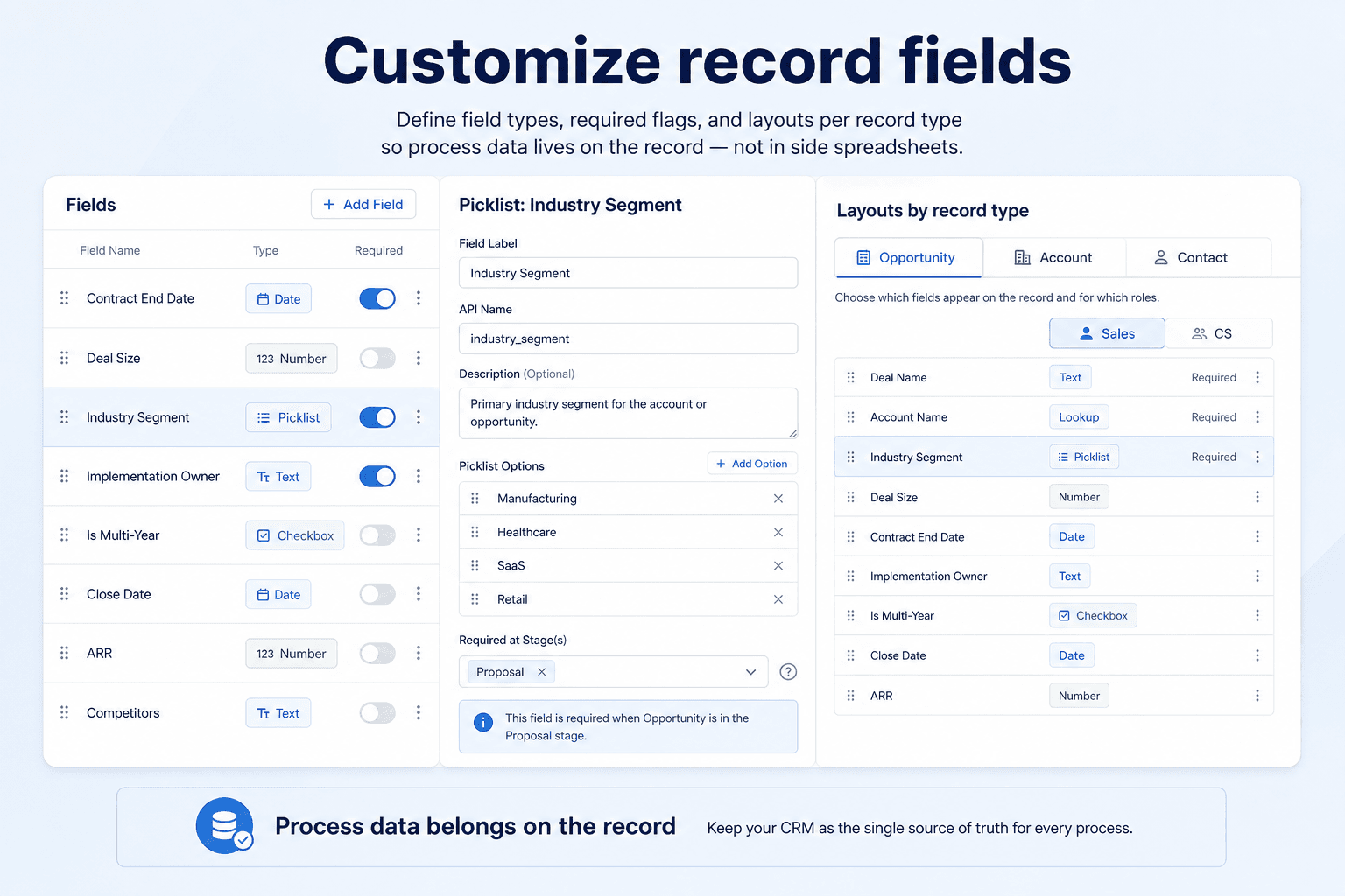 CRM record layout mockup showing custom qualification fields, required markers, and a filterable list view using those fields