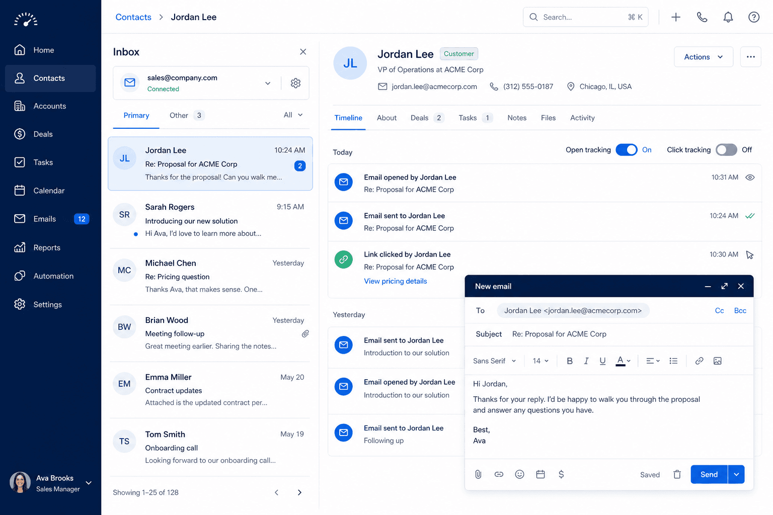 CRM contact timeline mockup with synced inbound and outbound emails, calendar meeting, and exclusion control for private threads