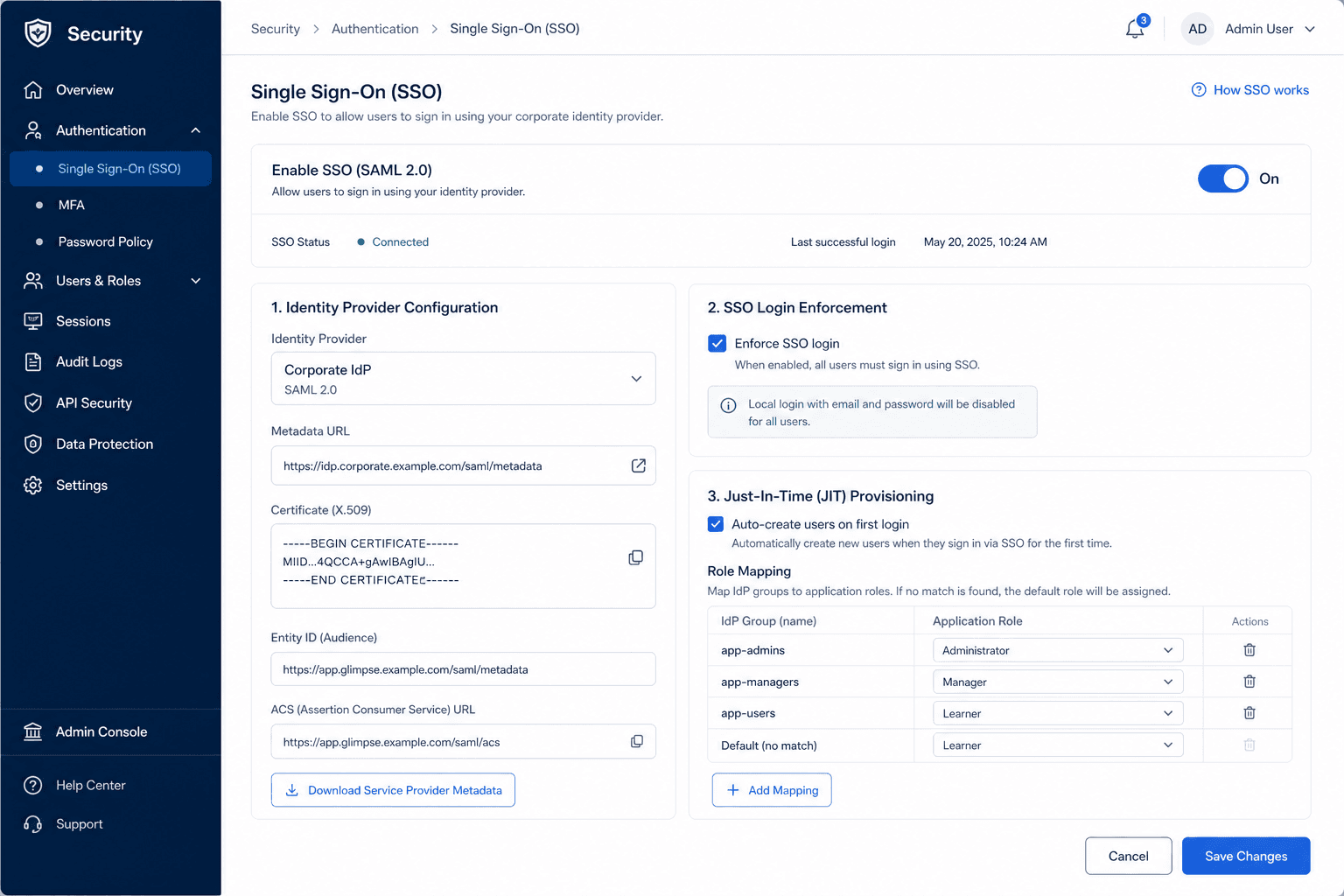 Workforce IdP sign-in flow into CRM with SAML/OIDC indicators, enforced SSO setting, and offboarding disablement path