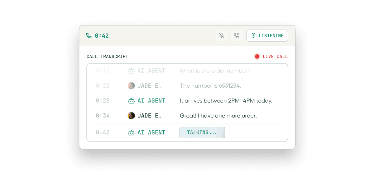 Call transcript product frame from the official Aircall homepage.