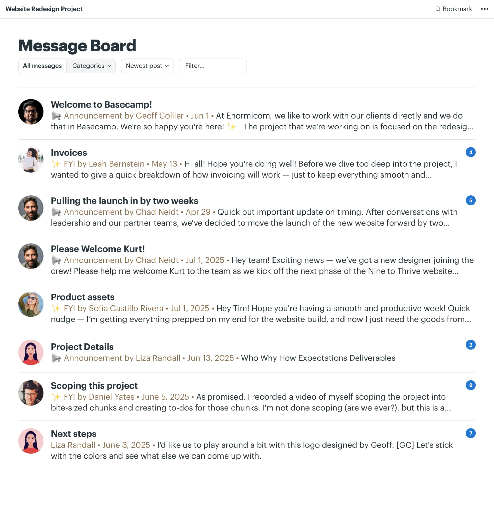 Message board UI from the official Basecamp homepage.