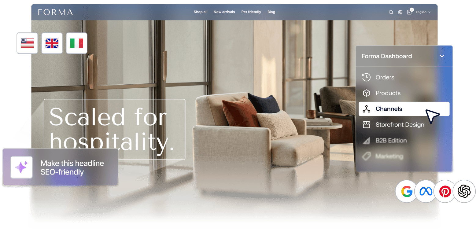 BigCommerce dashboard, storefront, channels, and SEO collage