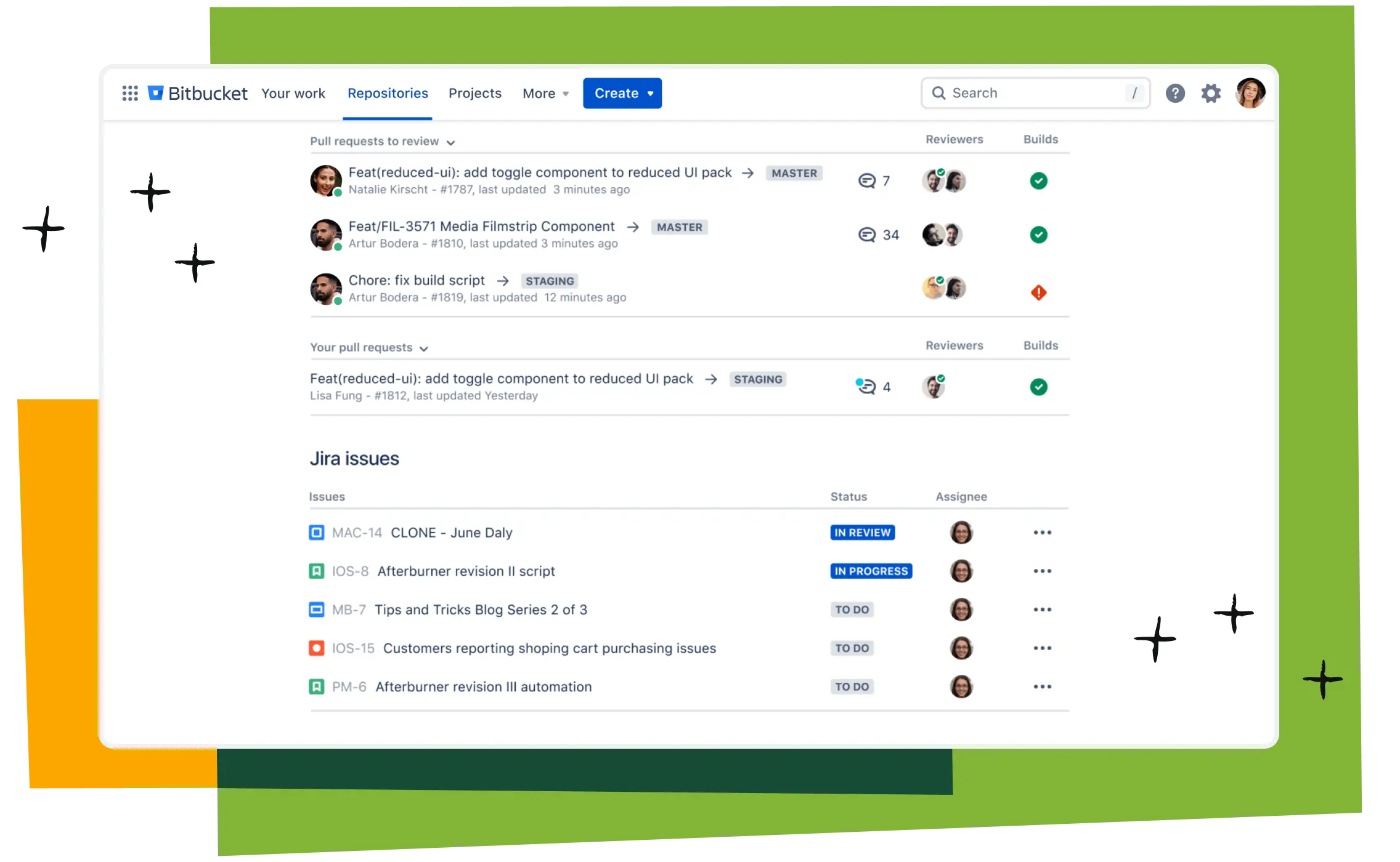 Official Bitbucket Cloud hero marketing UI from bitbucket.org/product — not a SoftwareGlimpse lab screenshot.