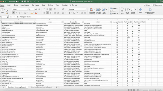 Official Bombora demo: Company Surge summary export with average score, topic count, and deltas.