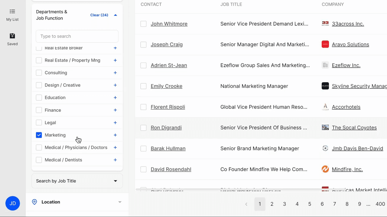 Official BookYourData UI: filter by department/job function and preview contacts before unlock.