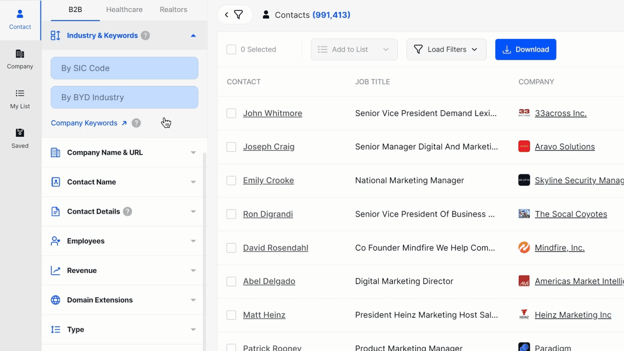 Official BookYourData UI: sample list results after ICP filters are applied.