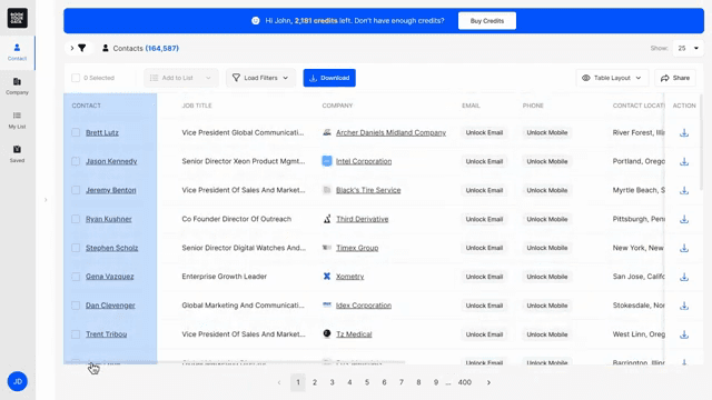 Official BookYourData UI: table/preview results before exporting contacts.