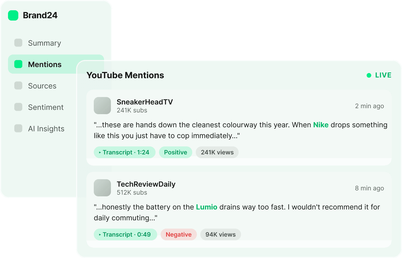 Brand24 YouTube mentions monitoring UI