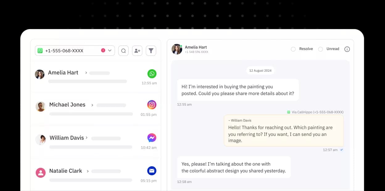 Omnichannel chat inbox screenshot from callhippo.com.