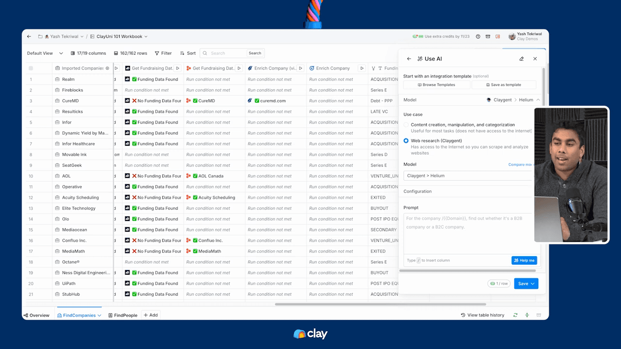 Official Clay UI: Use AI panel selecting Claygent Helium for web research prompts.