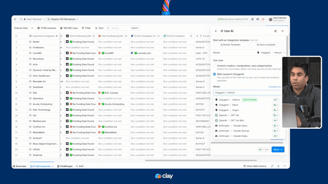 Official Clay UI: multi-provider enrichment table with funding results and model selection.