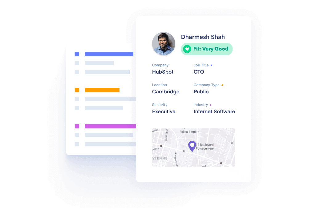 Official HubSpot Clearbit marketing UI: enriched contact fit card with firmographics.