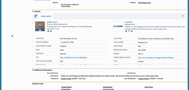 Official Clearbit UI: person + company enrichment panel inside a CRM record.