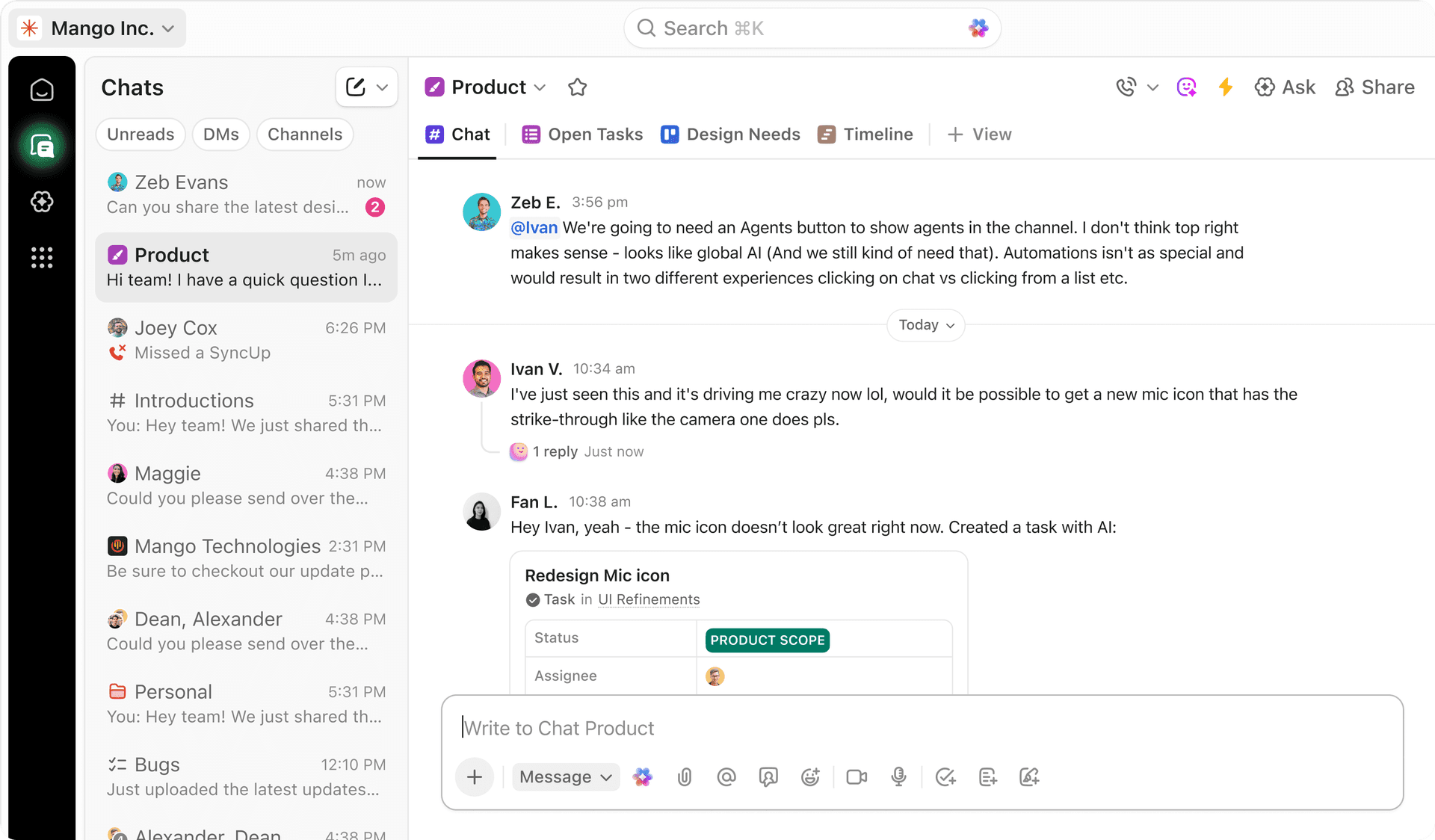 Chat workspace hero UI from the official ClickUp homepage.