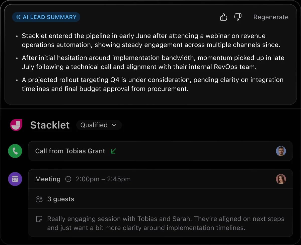 AI summary generated on a lead in Close.