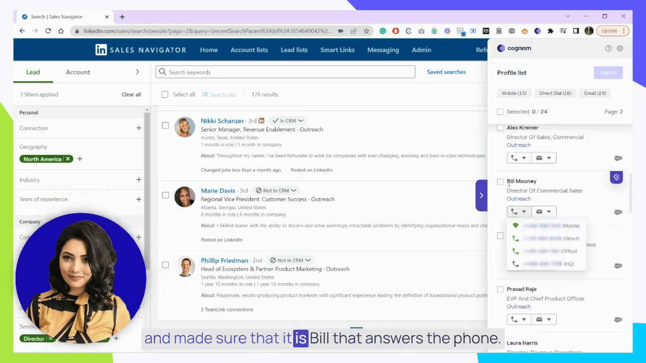 Cognism Chrome extension profile list with mobile and direct dial counts on LinkedIn Sales Navigator