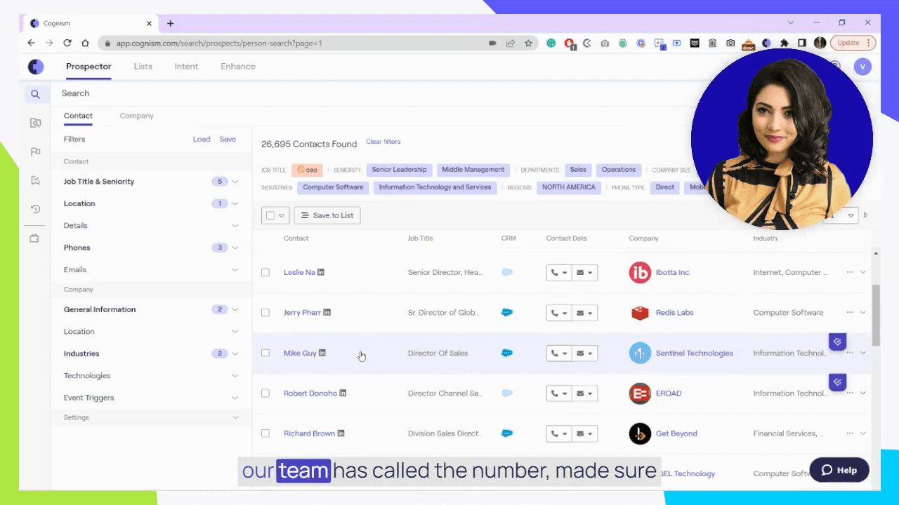 Official Cognism UI: Prospector person search with seniority, industry, and phone filters.