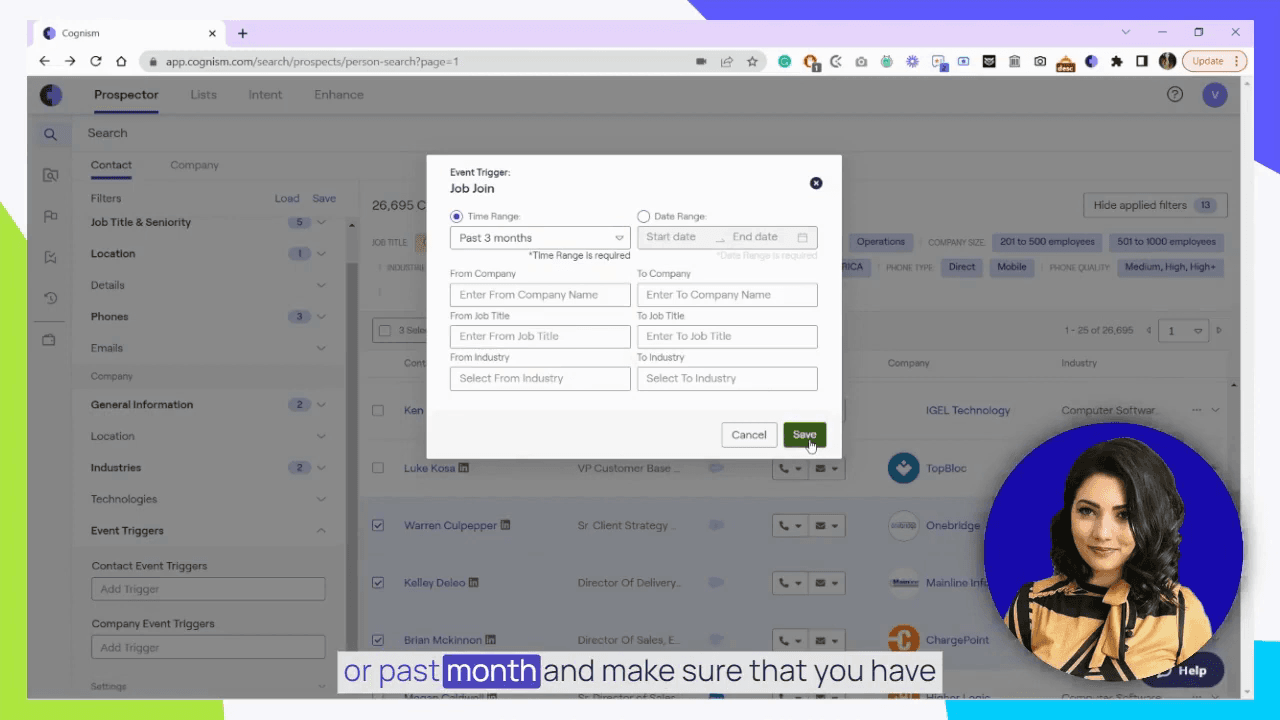 Official Cognism UI: Job Join event trigger configuration in Prospector.