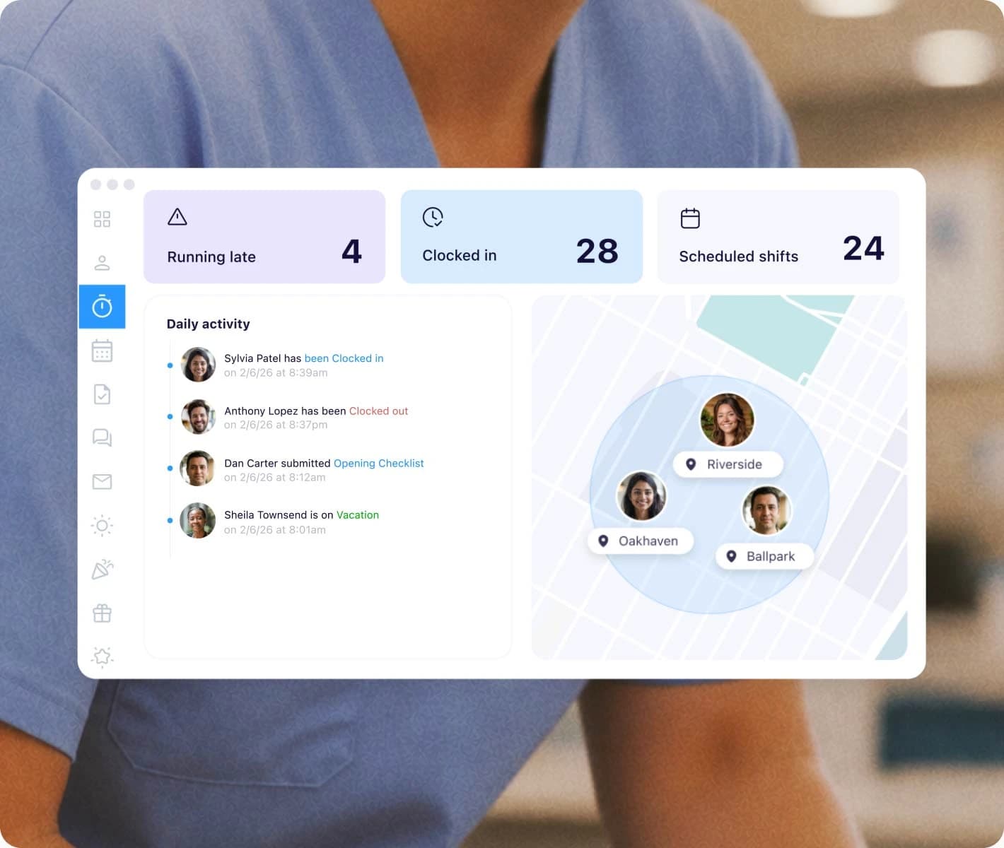 Time clock product frame from the official Connecteam time-clock page.