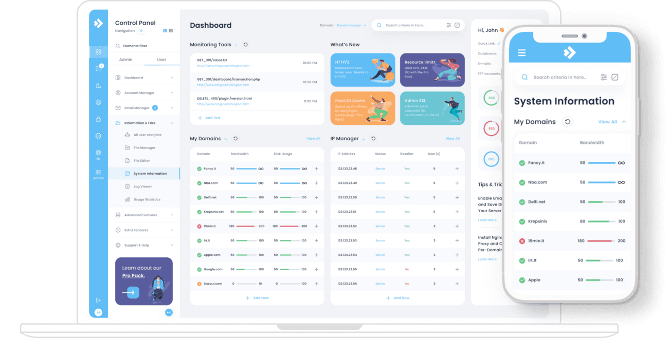Official DirectAdmin control-panel marketing visual from directadmin.com (homepage product UI).