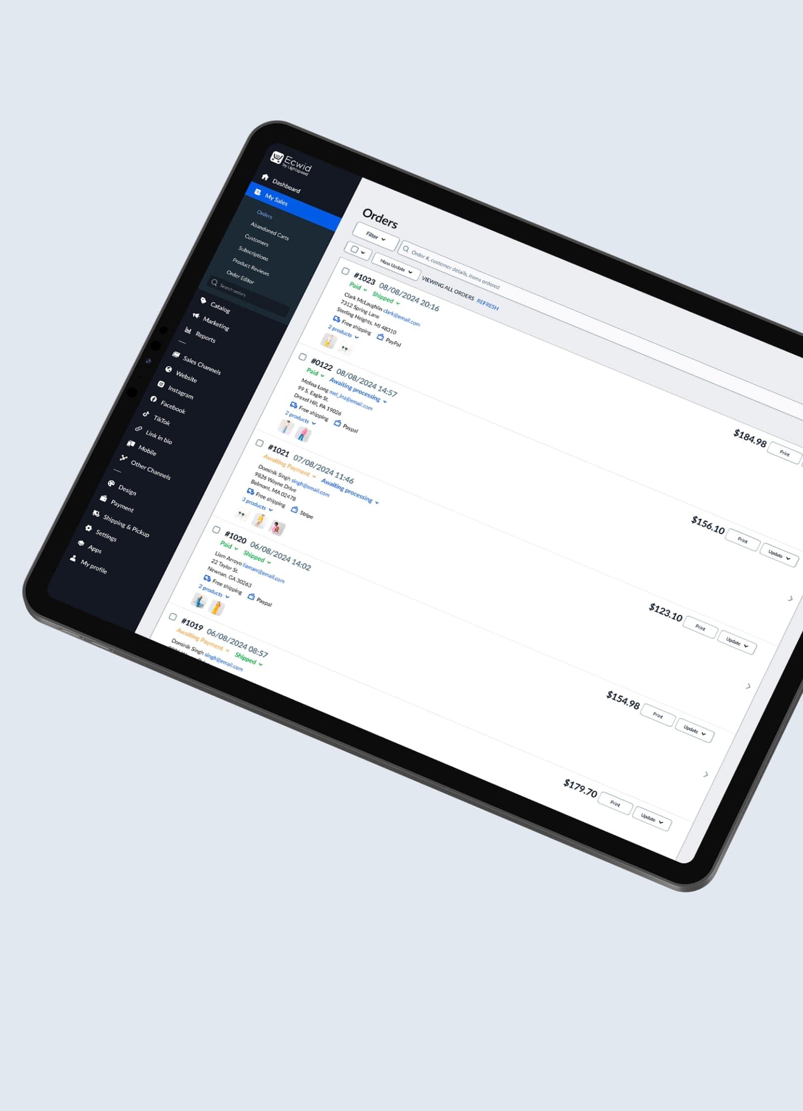 Sales dashboard marketing UI from Ecwid.