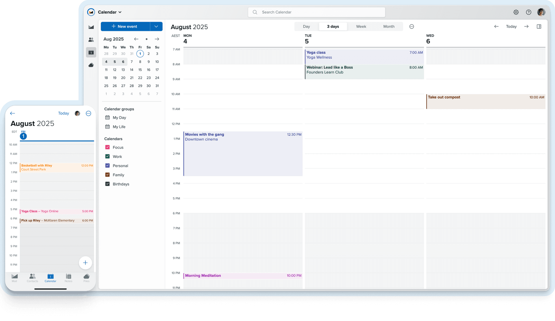 Calendar UI from the official Fastmail homepage.