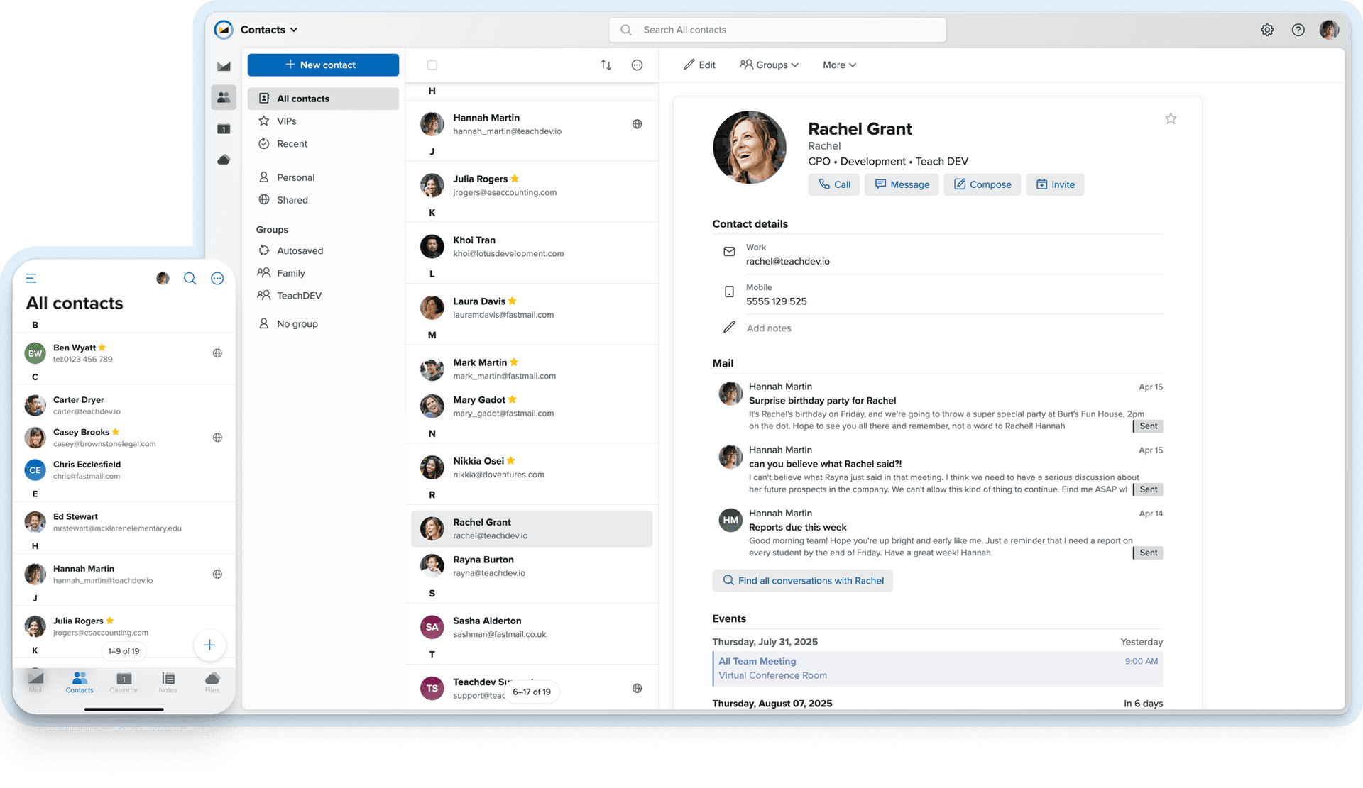 Contacts UI from the official Fastmail homepage.