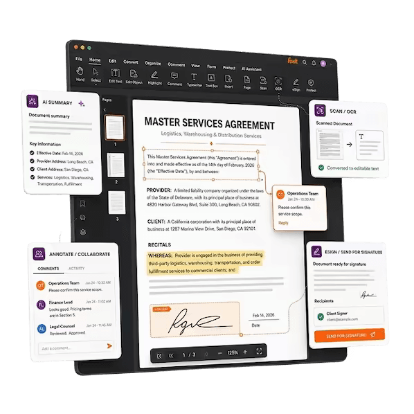 PDF Editor hero UI from the official Foxit homepage.