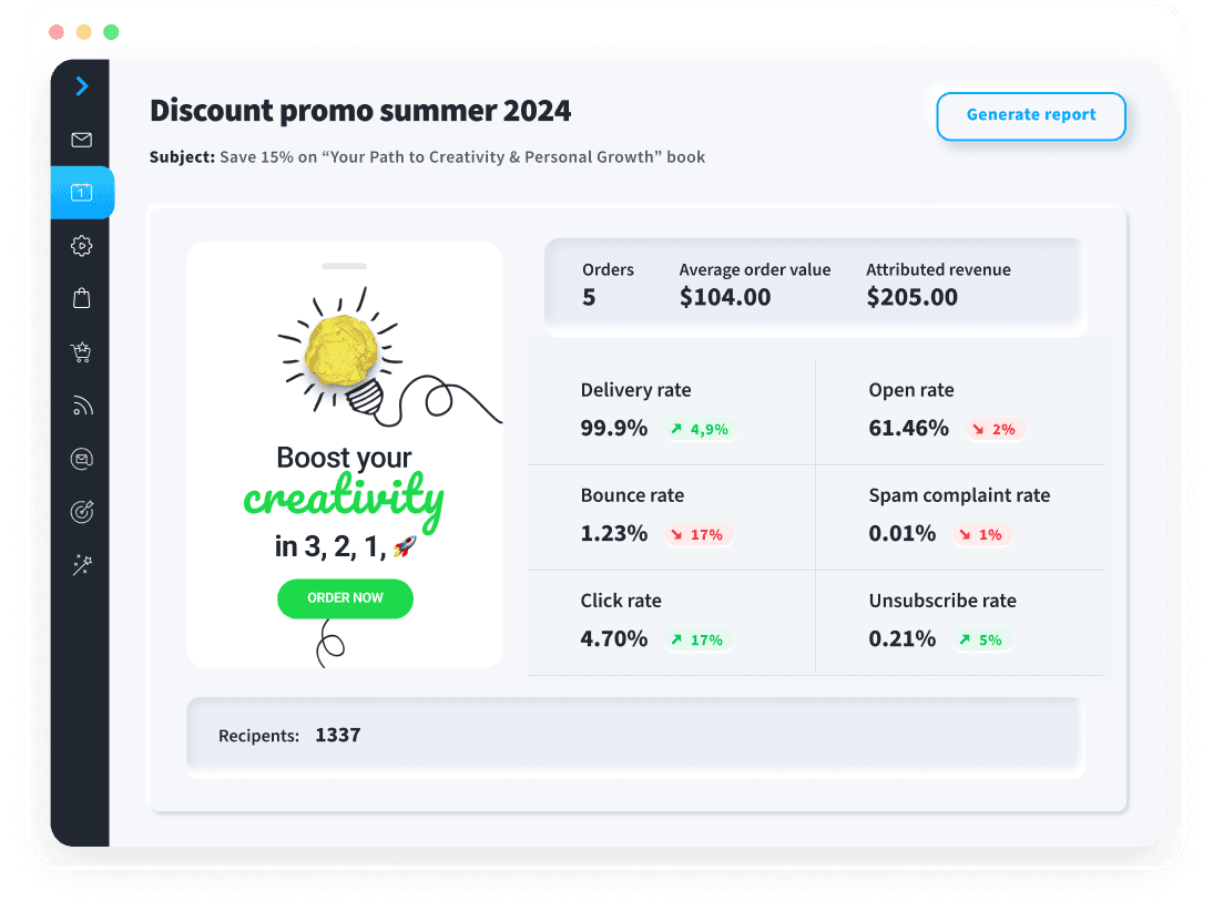 Campaign analytics UI from official GetResponse email marketing page.