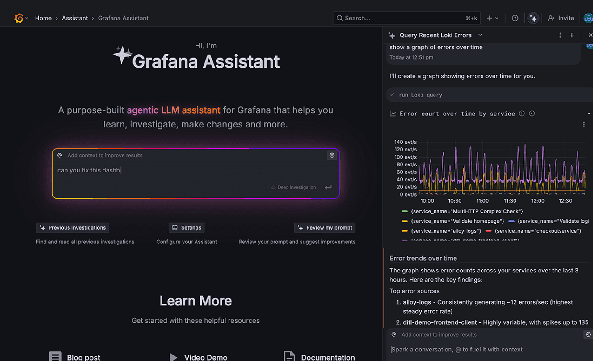 Official Grafana Cloud AI assistant marketing UI from grafana.com — not a SoftwareGlimpse lab screenshot.