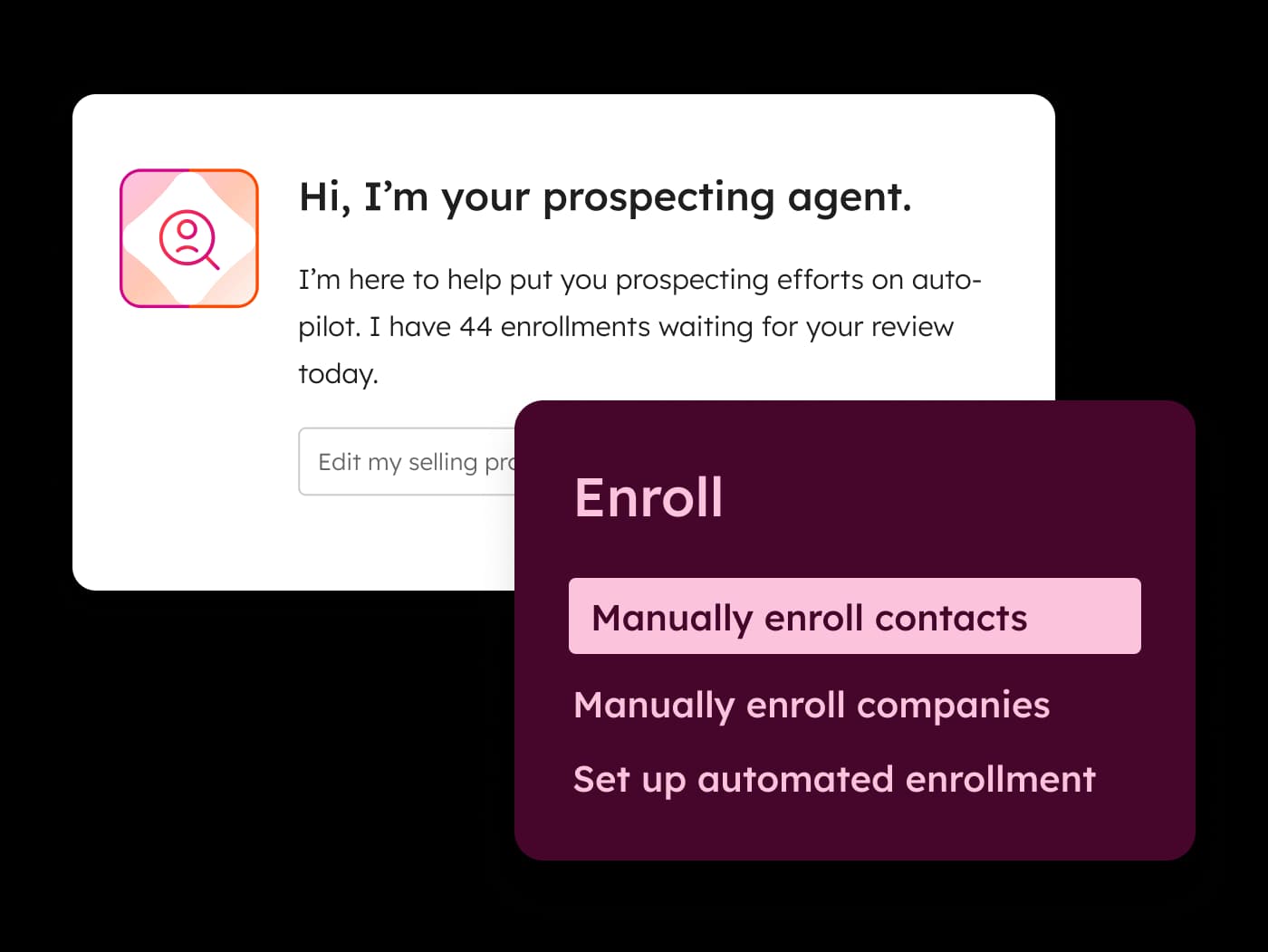 Sales Hub Prospecting Agent marketing UI.