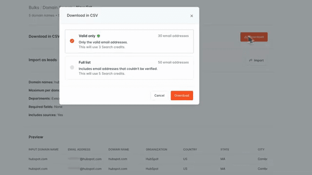 Official Hunter demo: Download Bulk Domain Search results as CSV with credit usage options.