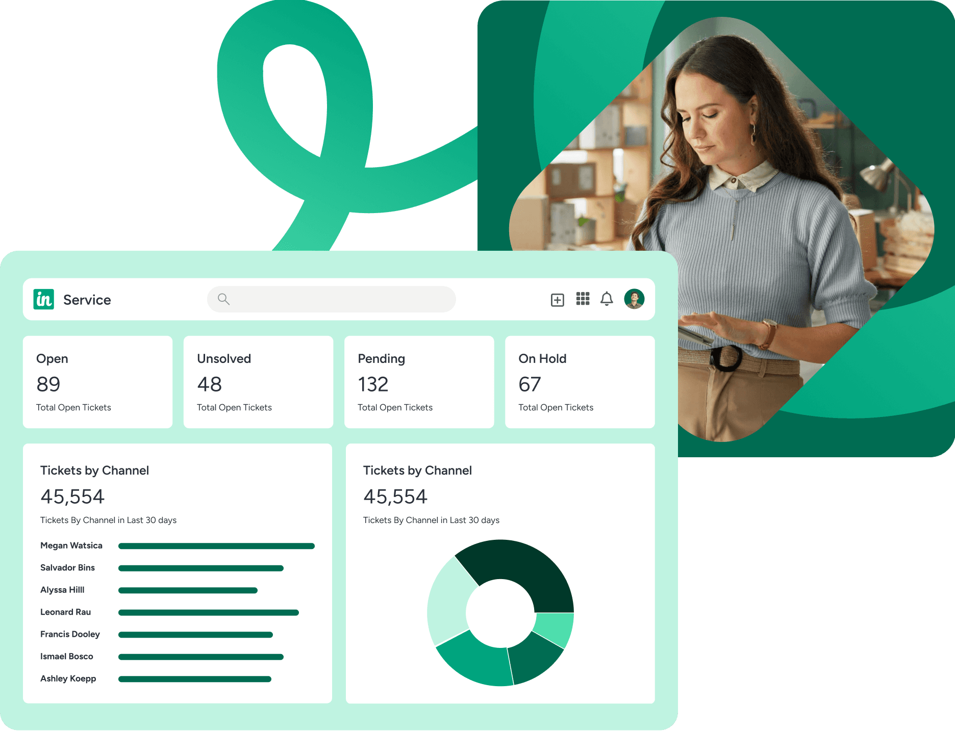 Insightly customer service UI from official Insightly homepage.