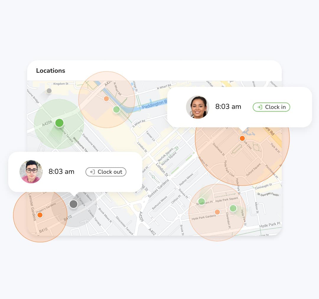 Location-based clock-in geofences from the official Jibble site.