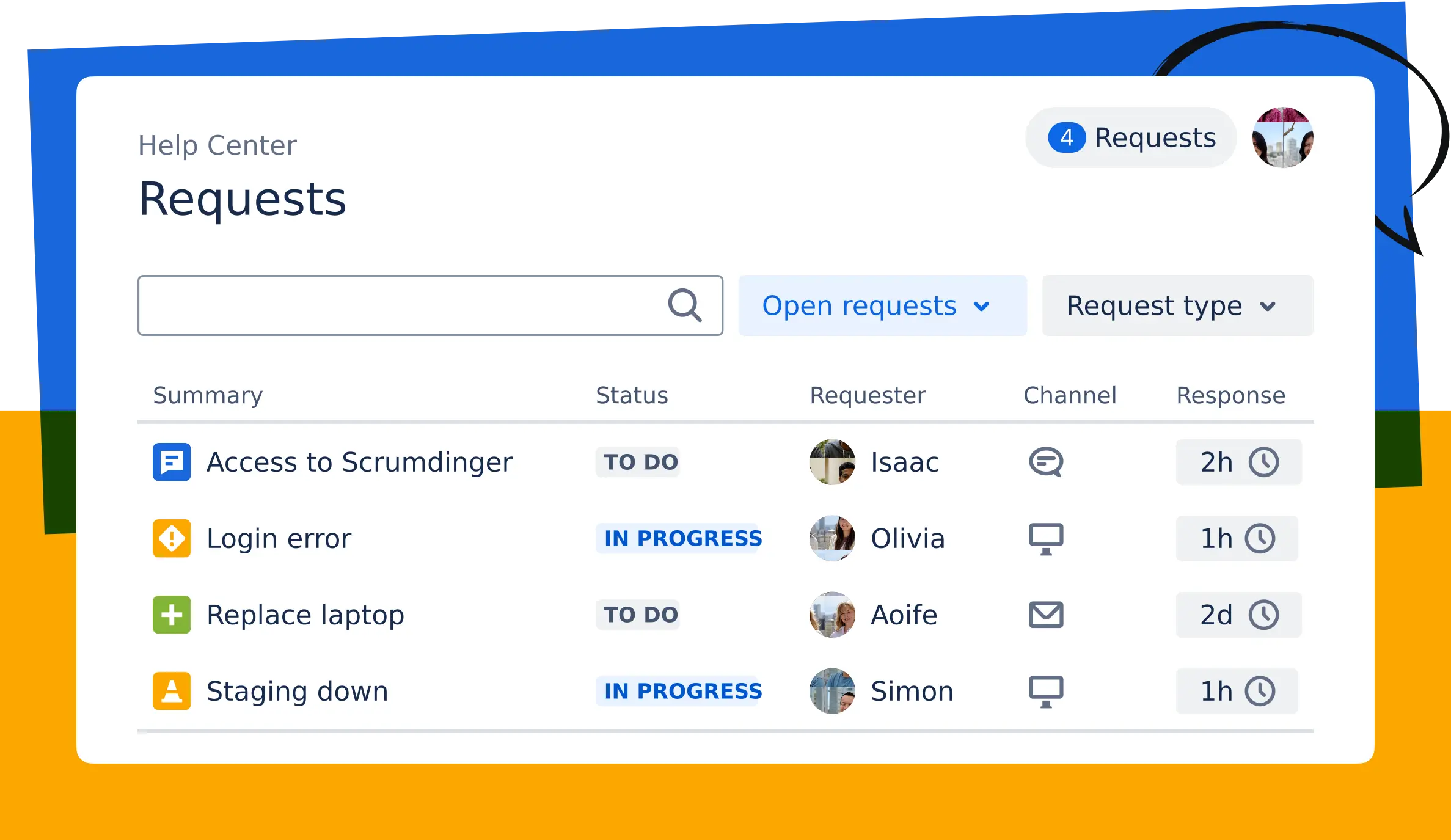 Official Jira Service Management hero marketing UI from atlassian.com — not a SoftwareGlimpse lab screenshot.