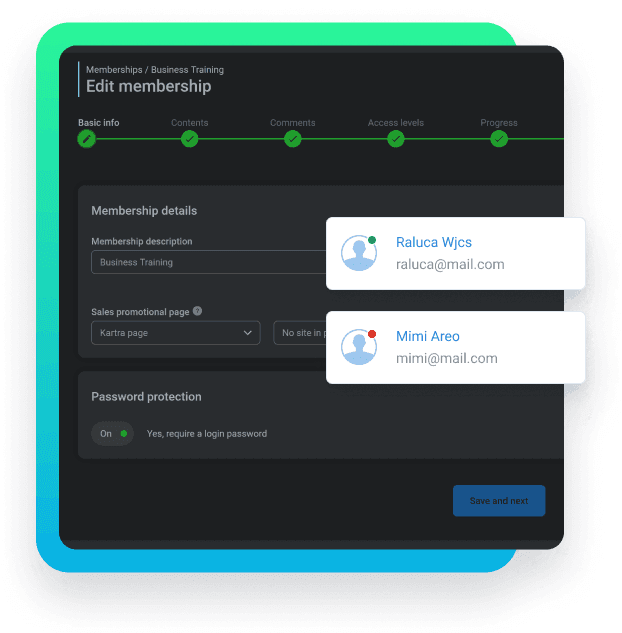 Membership portal UI elements from official Kartra membership features page.