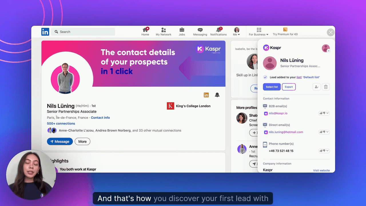 Official Kaspr demo: Discovering a first lead via the LinkedIn-side extension workflow.