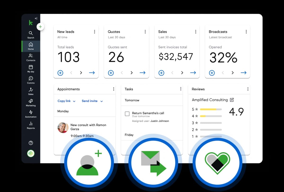Client dashboard view from Keap’s CRM software page.