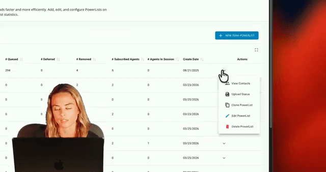 Official Kixie UI: PowerList queue/contact actions for dialing workflows.