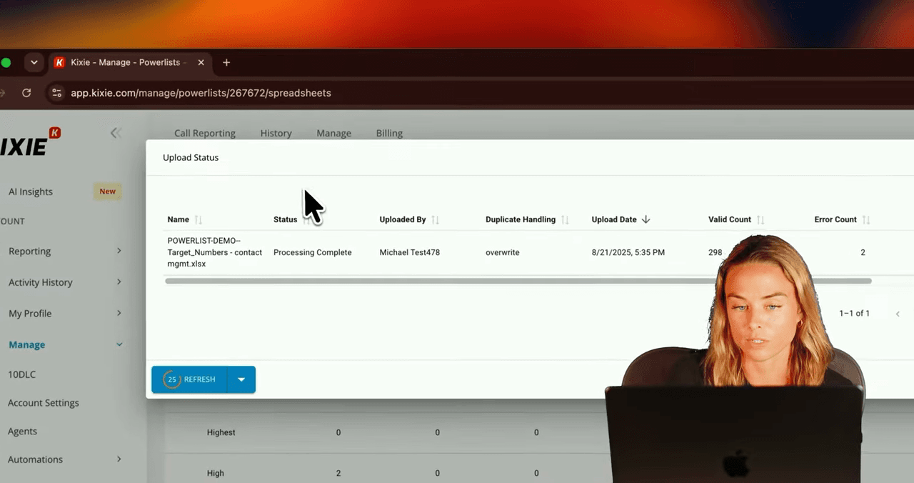 Official Kixie UI: PowerList spreadsheet upload status and duplicate handling.