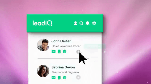 Official LeadIQ demo: Capture sidebar with contacts ready to sync into the prospecting stack.