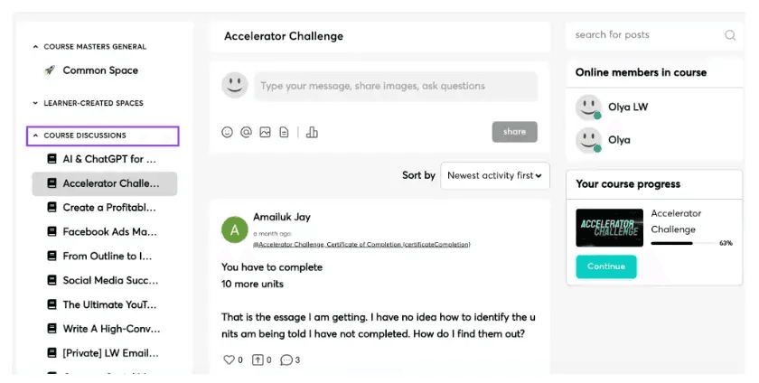 Community features UI from official LearnWorlds site.