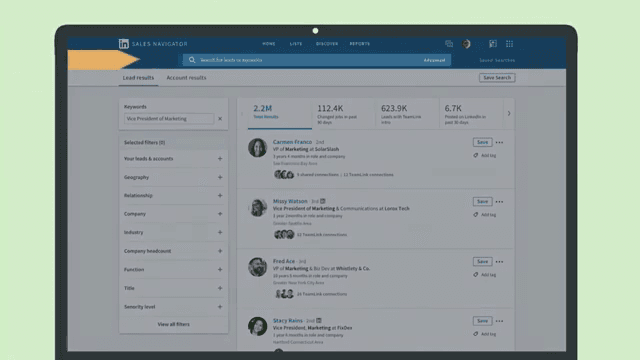 LinkedIn Sales Navigator lead results with filters and Save actions