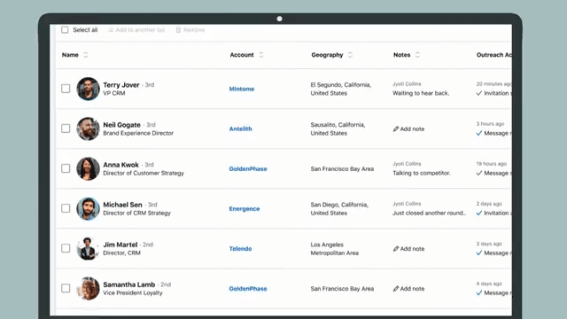 Official Sales Navigator UI: saved lead list with outreach activity tracking.