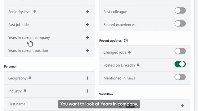 Official Sales Navigator UI: lead filters for tenure and recent LinkedIn activity.
