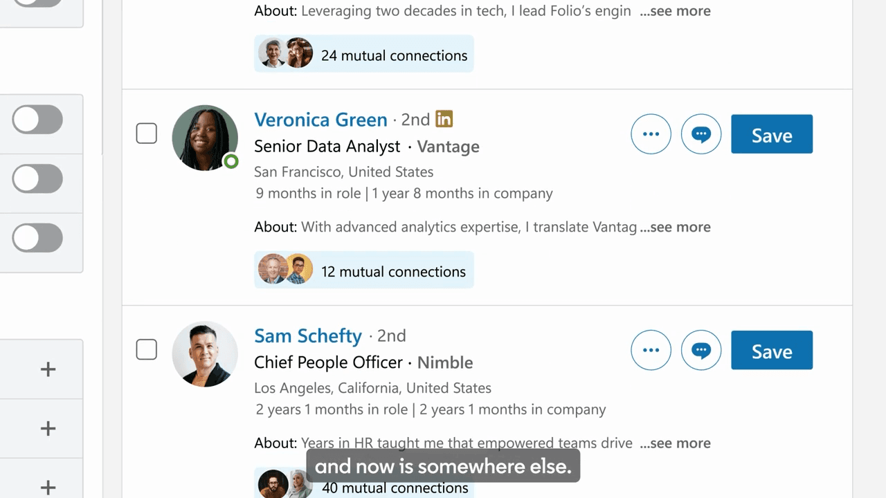 Official Sales Navigator UI: people search results with connection degree and Save.