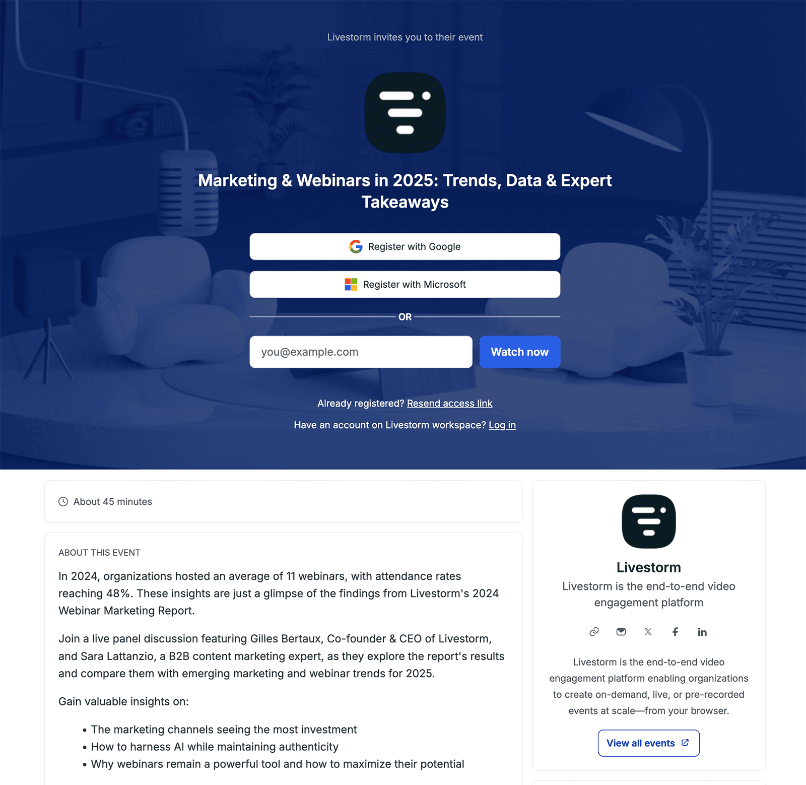 Registration page UI from official Livestorm marketing content.