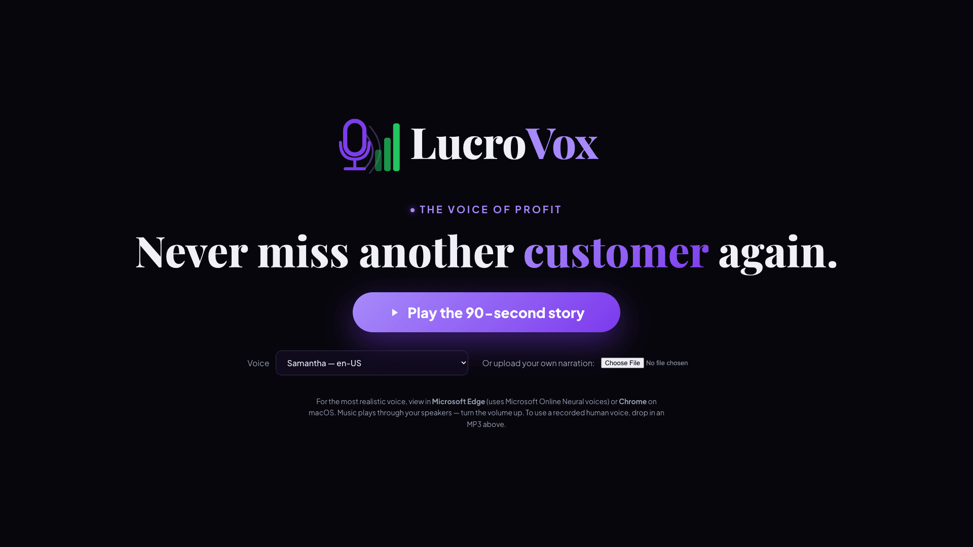 Official LucroVox explainer demo frame from lucrovox.com/demo/player.html.
