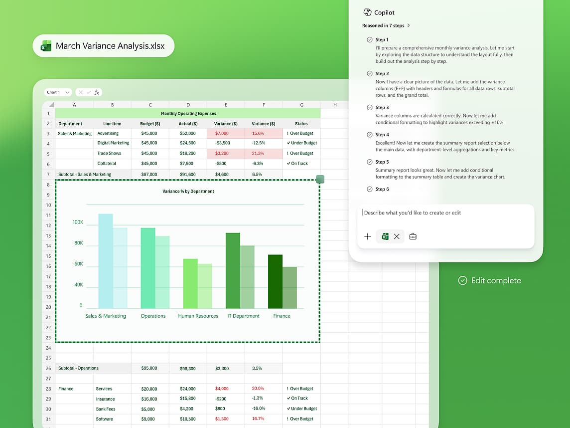 Official Copilot Excel agent marketing UI from microsoft.com — not a SoftwareGlimpse lab screenshot.